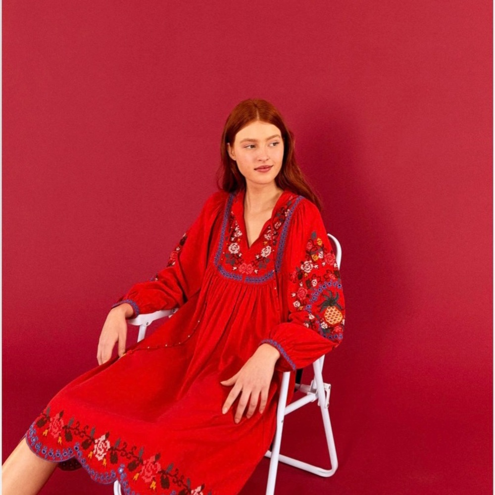 NWT FARM RIO Embroidered Cross Stitch Red Midi Tunic Dress